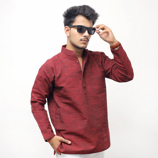Red Tone Dark Jharna Full Sleeves Short Kurta front pose with sunglasses