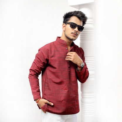 Stylish Red Tone Dark Jharna kurta paired with white pants lifestyle shot