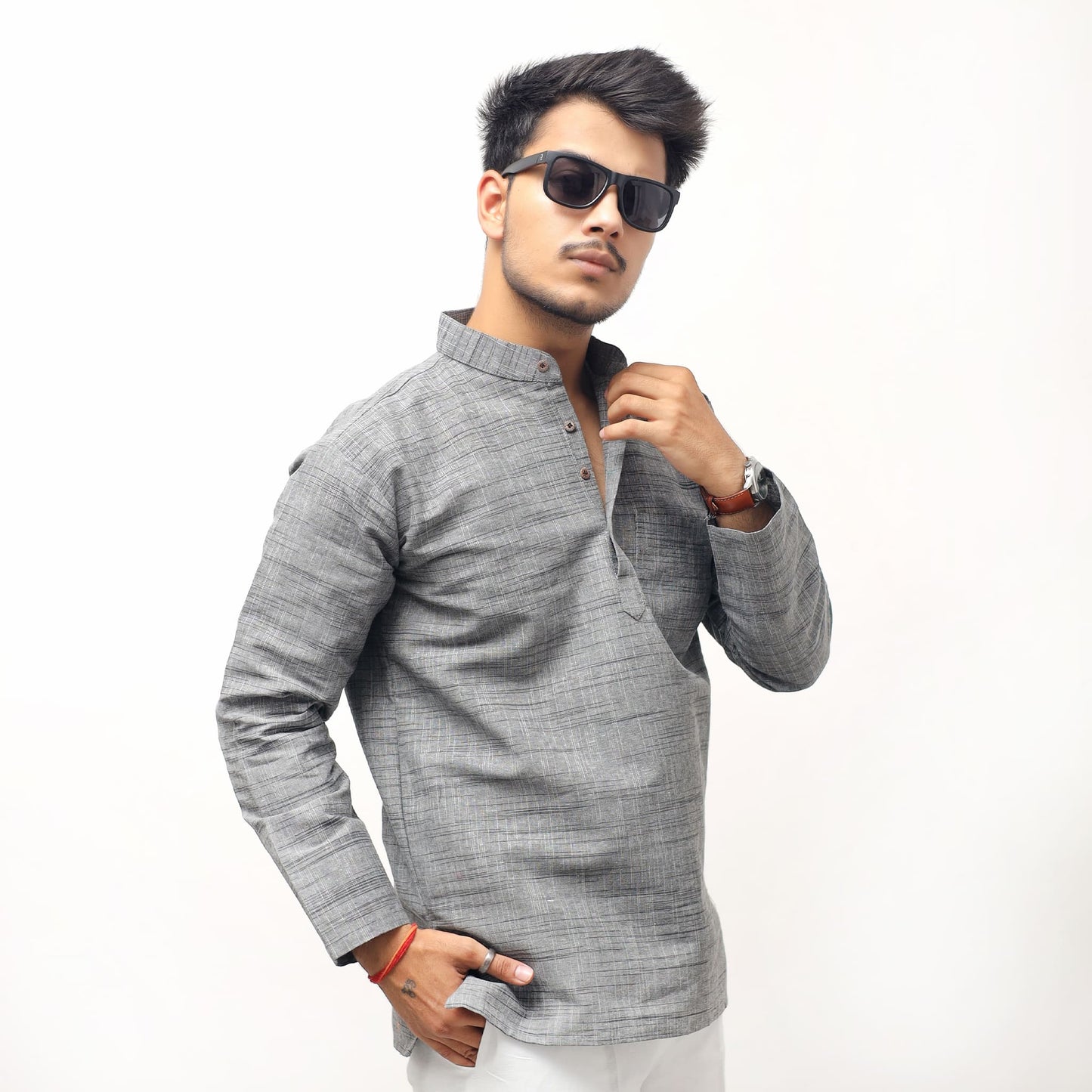 Grey Tone Dark Jharna Full Sleeves Khadi Cotton Short Kurta front view
