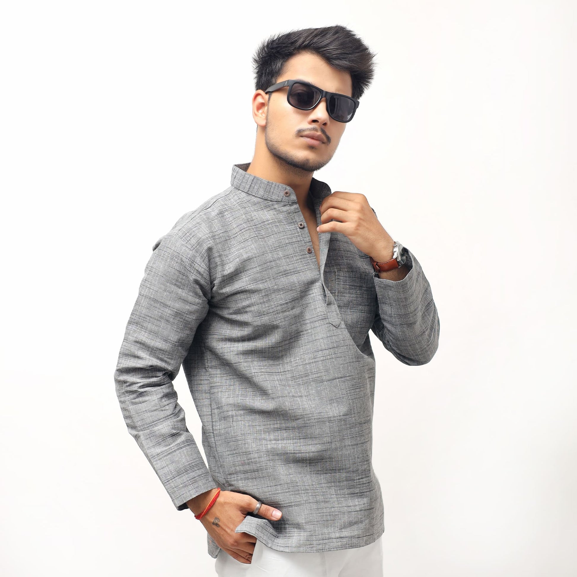 Grey Tone Dark Jharna Full Sleeves Khadi Cotton Short Kurta front view