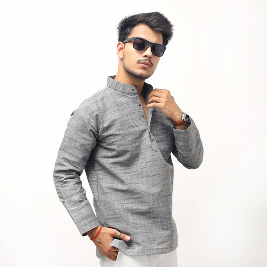 Grey Tone Dark Jharna Full Sleeves Khadi Cotton Short Kurta front view