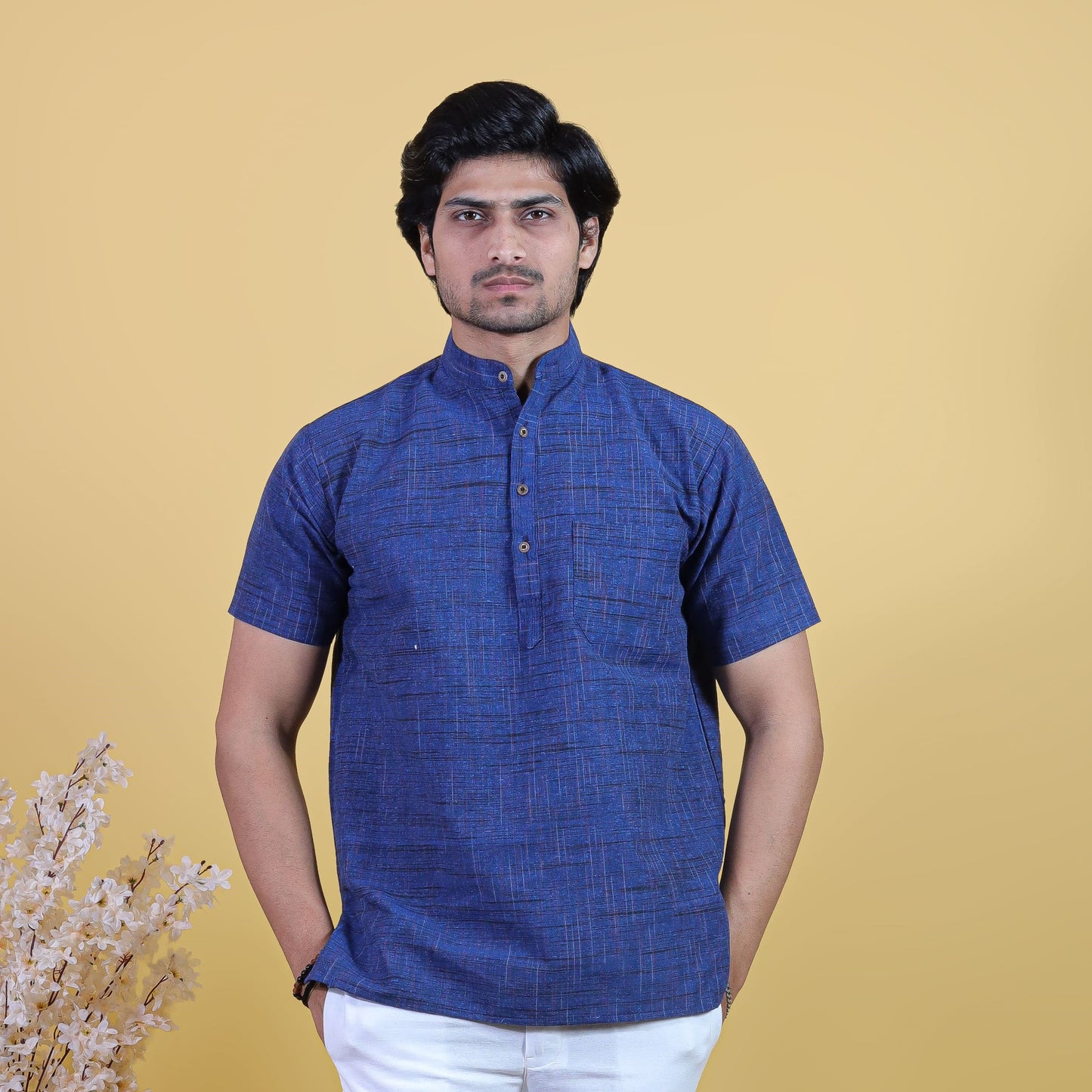 Blue khadi cotton short kurta for men front view