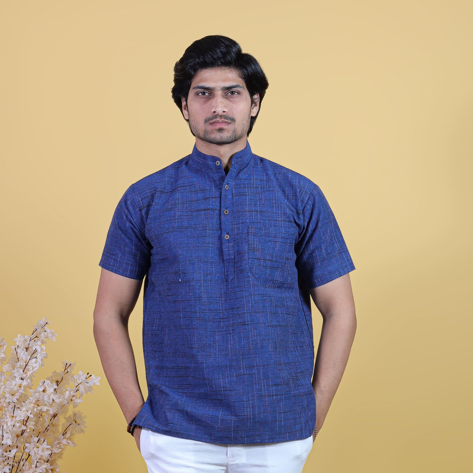 Blue khadi cotton short kurta for men front view