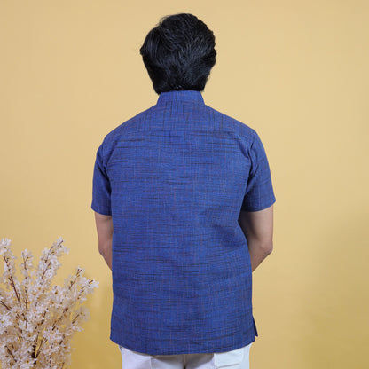 Back view blue khadi cotton short kurta for men