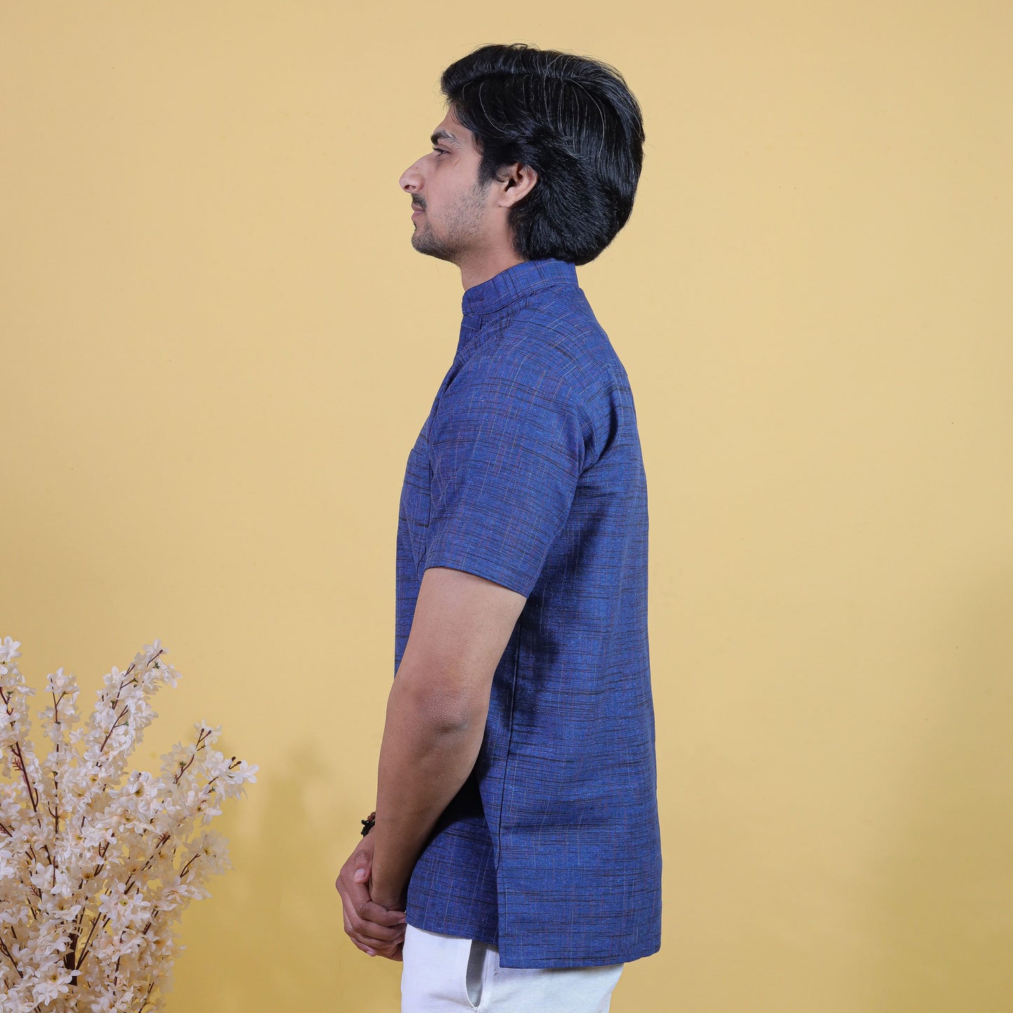 Blue khadi cotton short kurta for men fabric texture