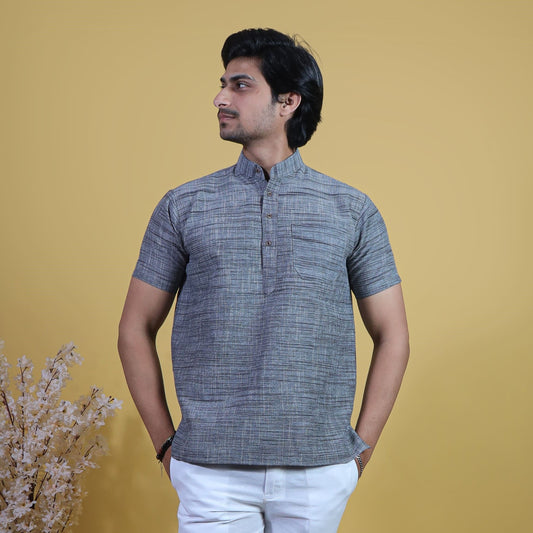 Grey khadi cotton short kurta for men front view