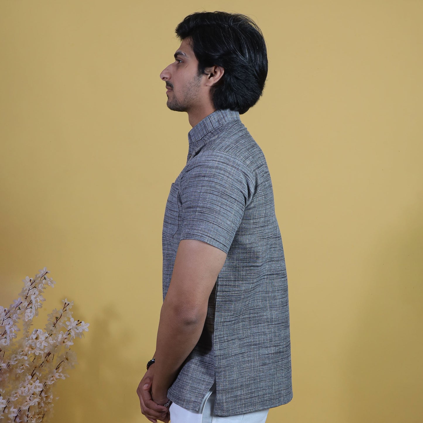 Grey khadi cotton short kurta for men close fabric texture