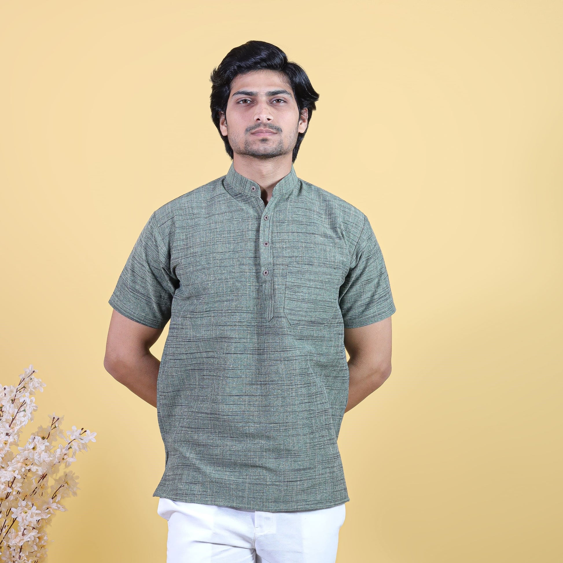 Green khadi cotton short kurta for men front view