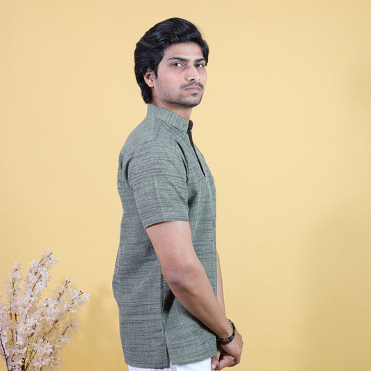 Green khadi cotton short kurta for men fabric detail