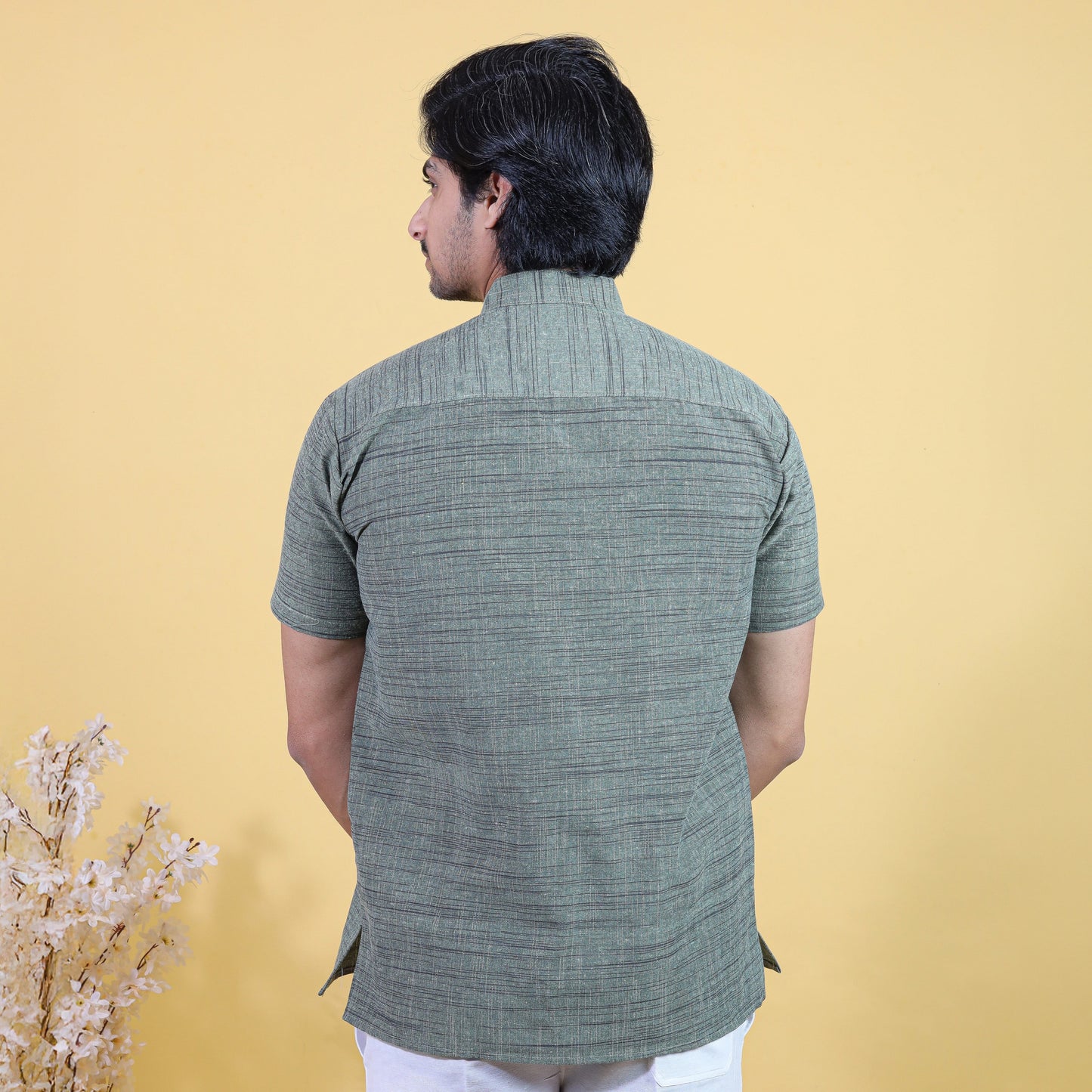 Green khadi cotton short kurta for men side profile