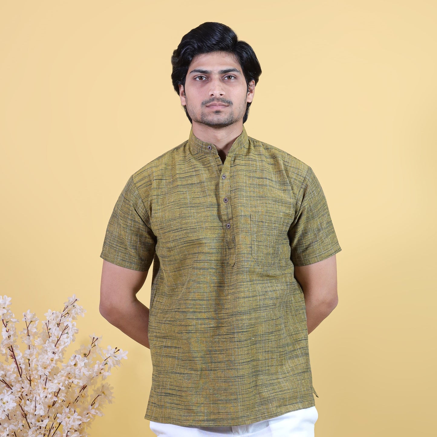 mustard khadi short kurta for men front view