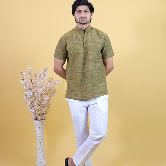 Combo Set Dark Jharna Half Sleeves Short Kurta Pant-Mustard