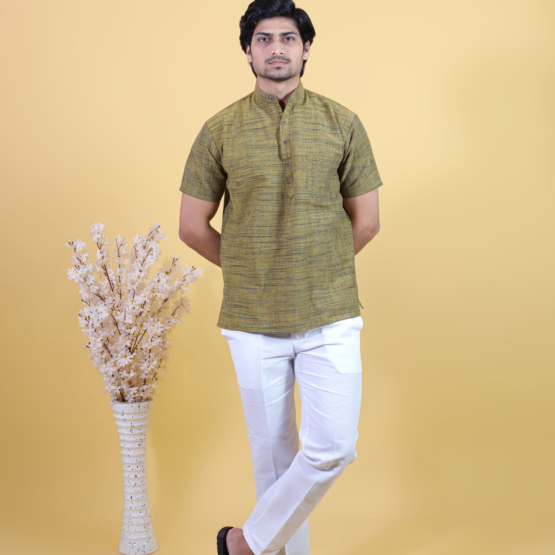 Half Sleeves Mustard Pattern Dark Jharna Cotton Co-ord Set Full Look
