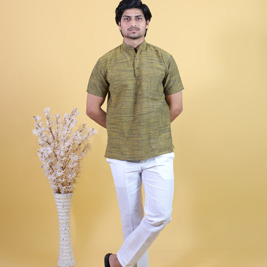 Half Sleeves Mustard Pattern Dark Jharna Cotton Co-ord Set Full Look