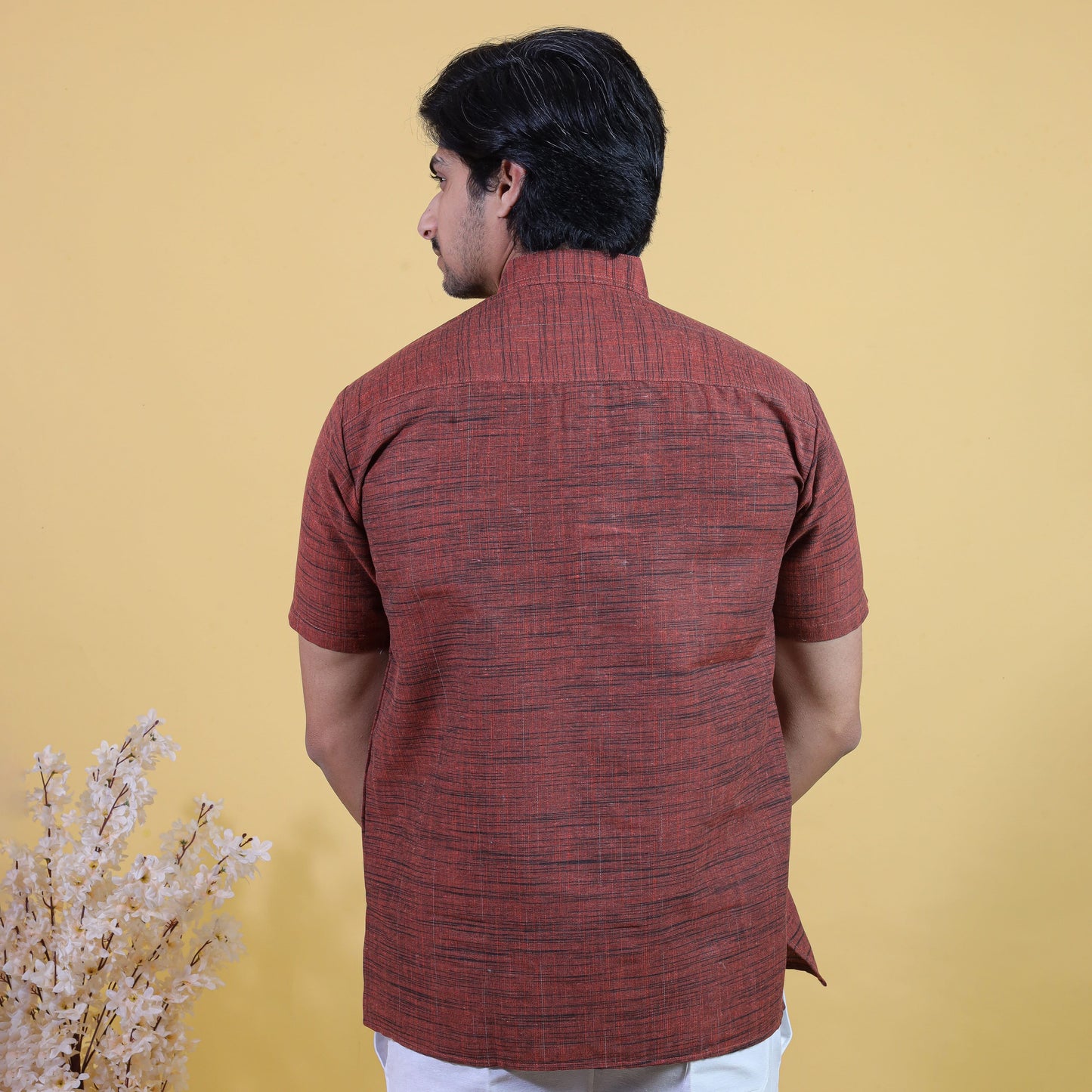 Side view orange khadi cotton short kurta for men