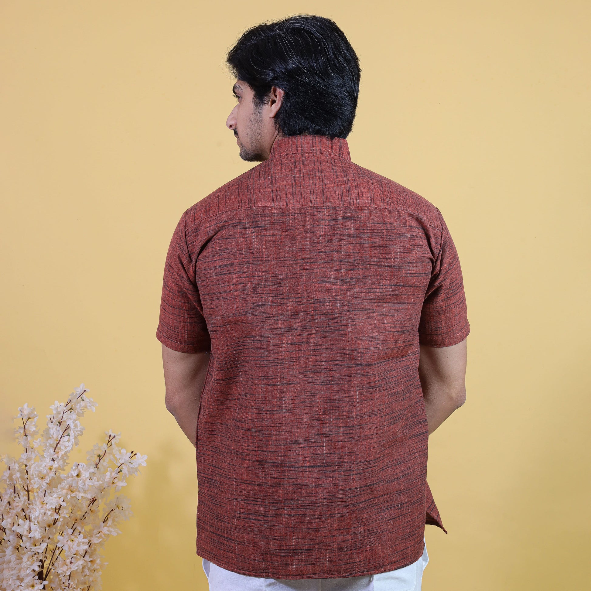 Side view orange khadi cotton short kurta for men