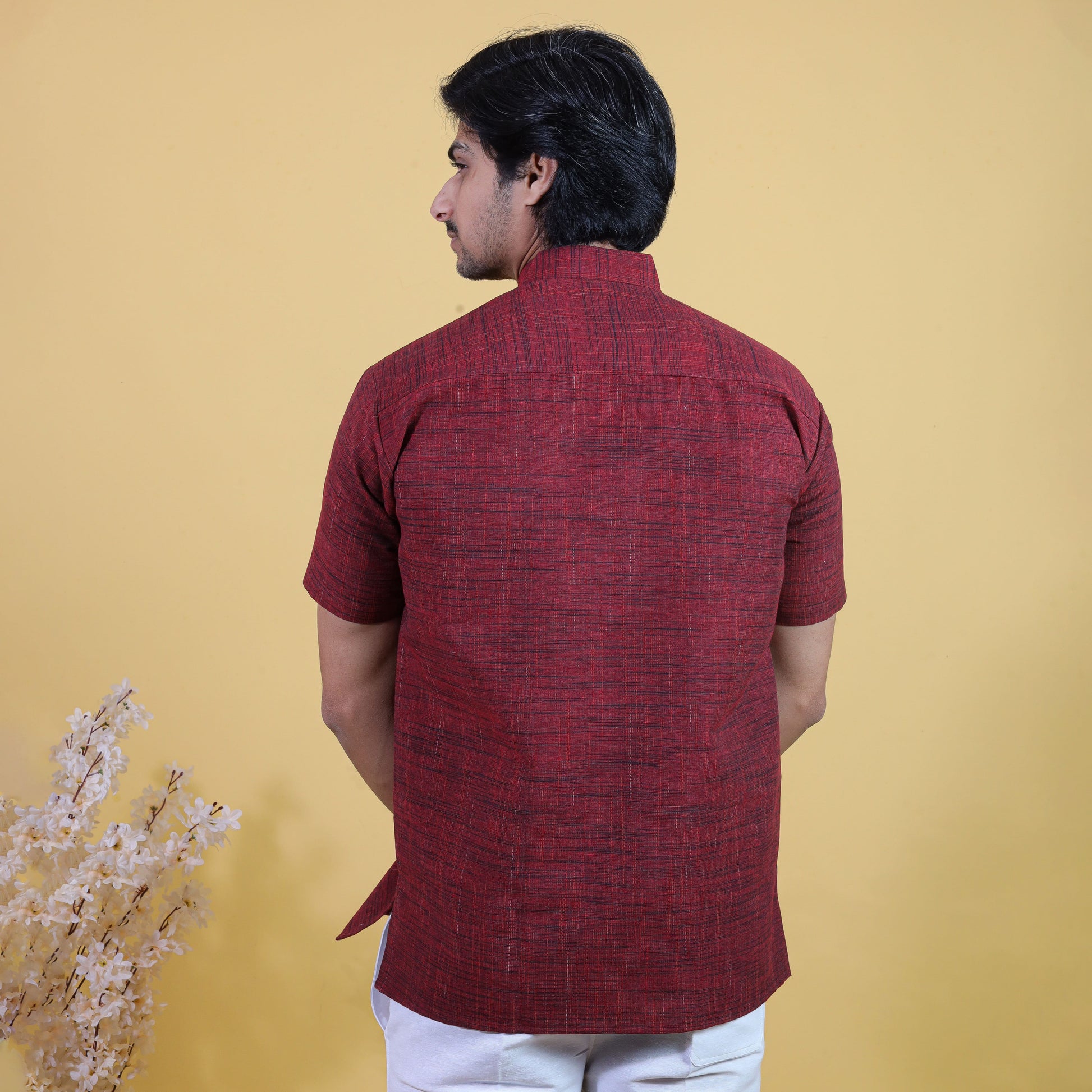Red Dark Jharna Cotton Kurta Back View for Men