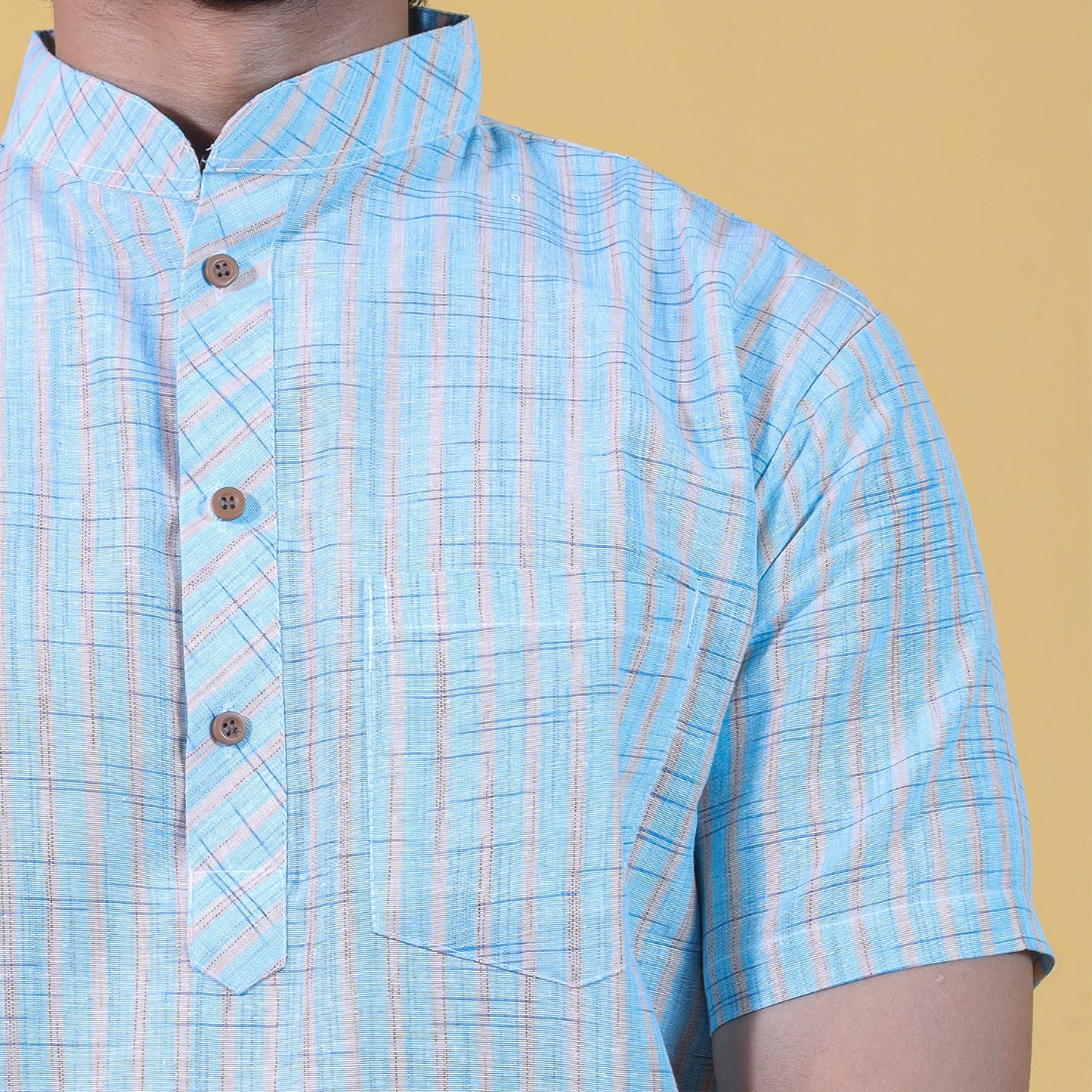 Golden Striped Blue Half Sleeves Kurta Close-Up with Mandarin Collar