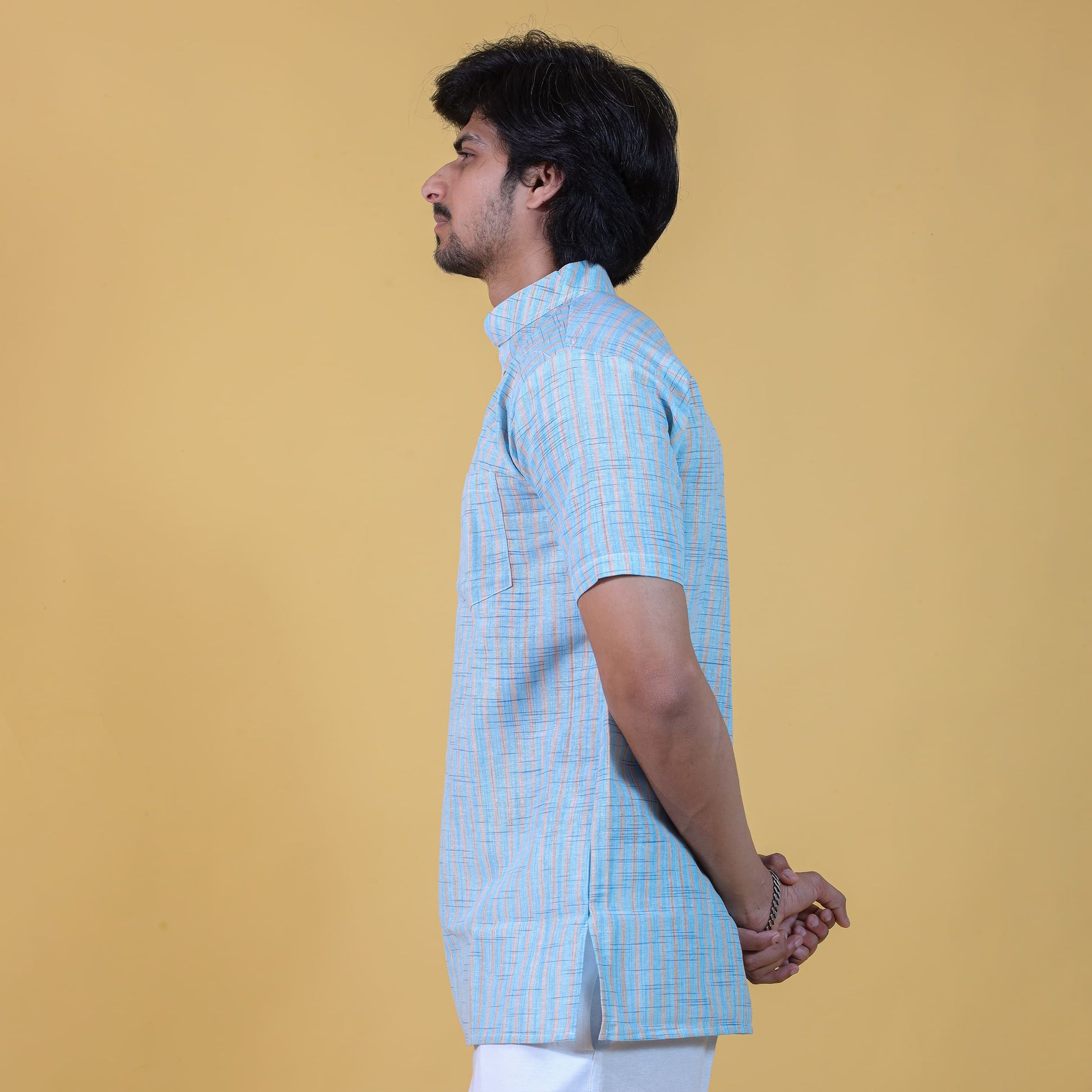 Golden Striped Blue Short Kurta Side Angle for Men