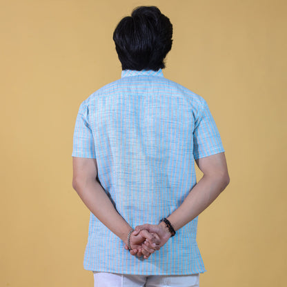 Golden Striped Blue Half Sleeves Kurta Back View for Men