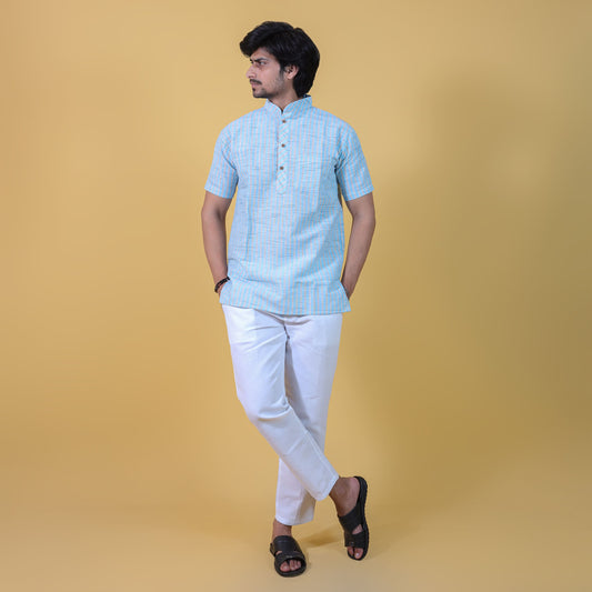 Golden Striped Blue Half Sleeves Kurta & White Pant Co-ord Set for Men