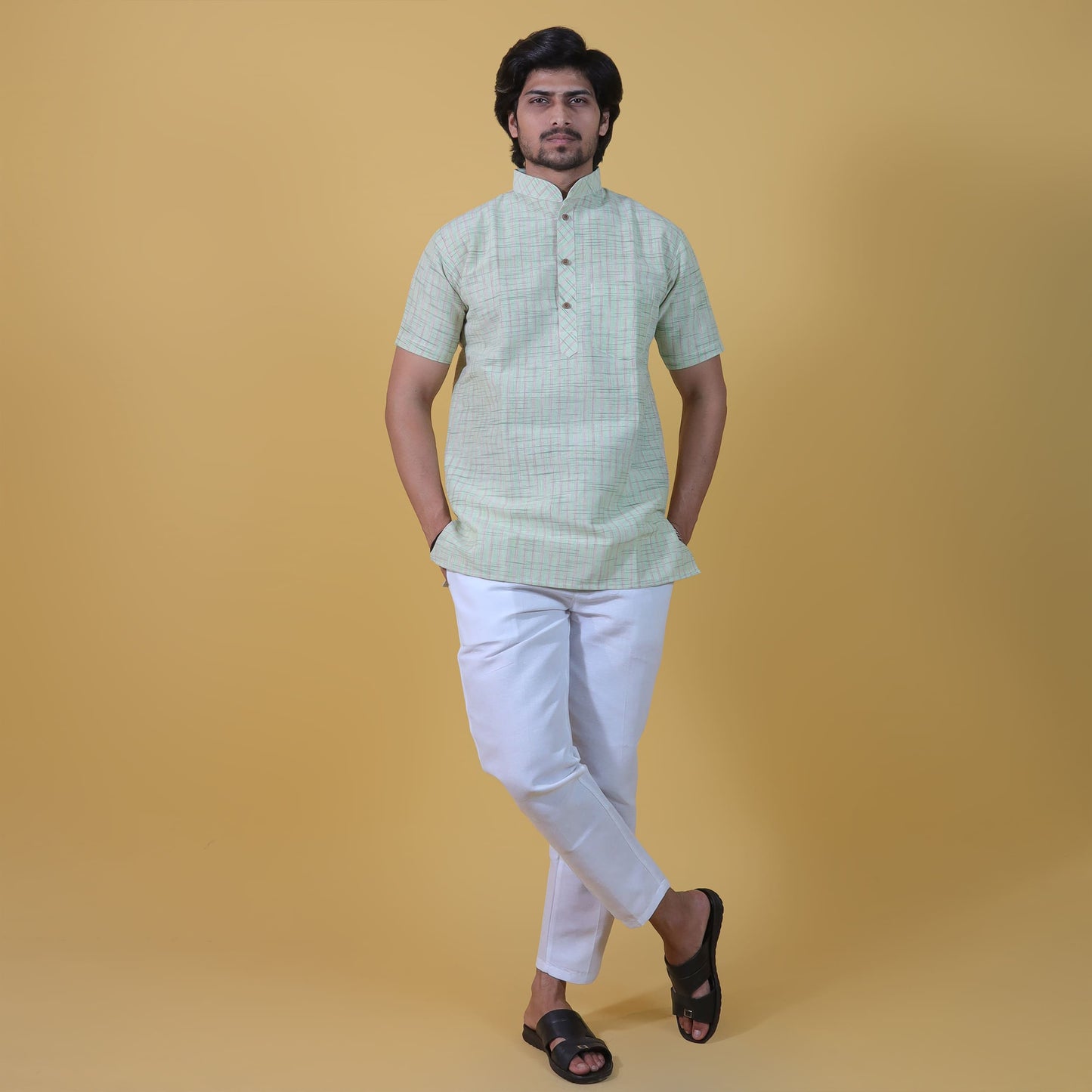 Golden Striped Green Half Sleeves Short Khadi Cotton Kurta Front View for Men