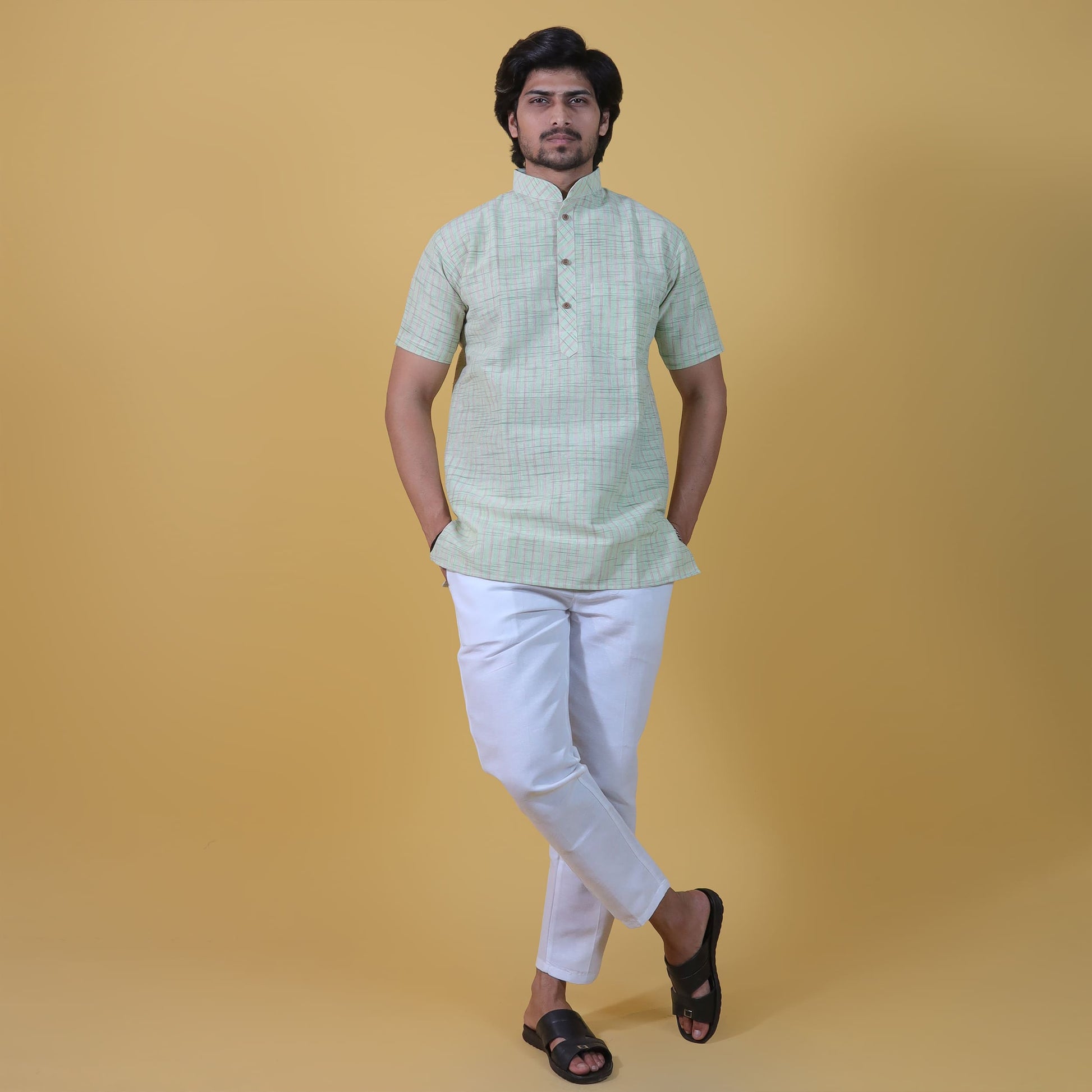 Golden Striped Green Half Sleeves Short Khadi Cotton Kurta Front View for Men