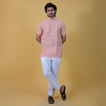 Golden Striped Orange Half Sleeves Kurta & White Pant Co-ord Set for Men