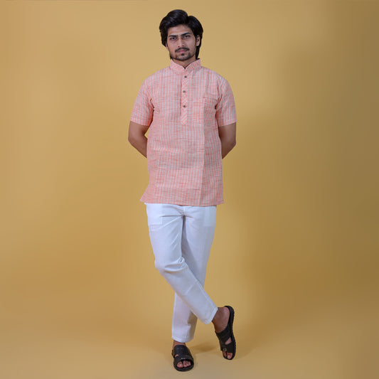Golden Striped Orange Half Sleeves Kurta & White Pant Co-ord Set for Men