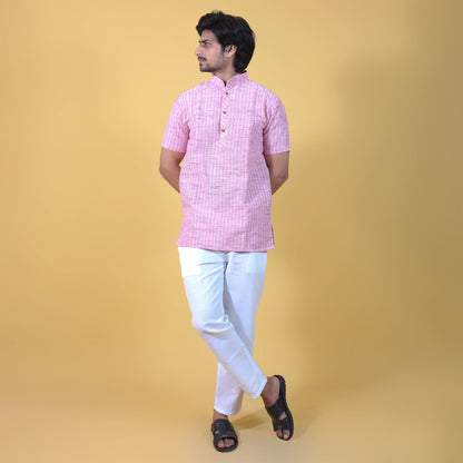 Golden Striped Pink Half Sleeves Kurta & White Pant Co-ord Set for Men