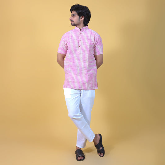 Golden Striped Pink Half Sleeves Kurta & White Pant Co-ord Set for Men