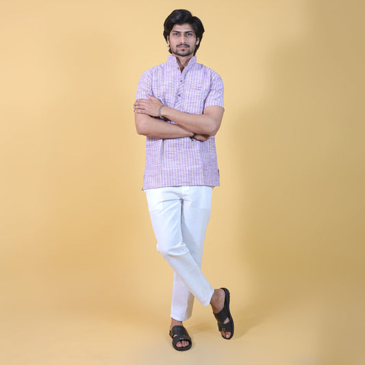 Golden Striped Purple Half Sleeves Short Khadi Cotton Kurta Front View for Men