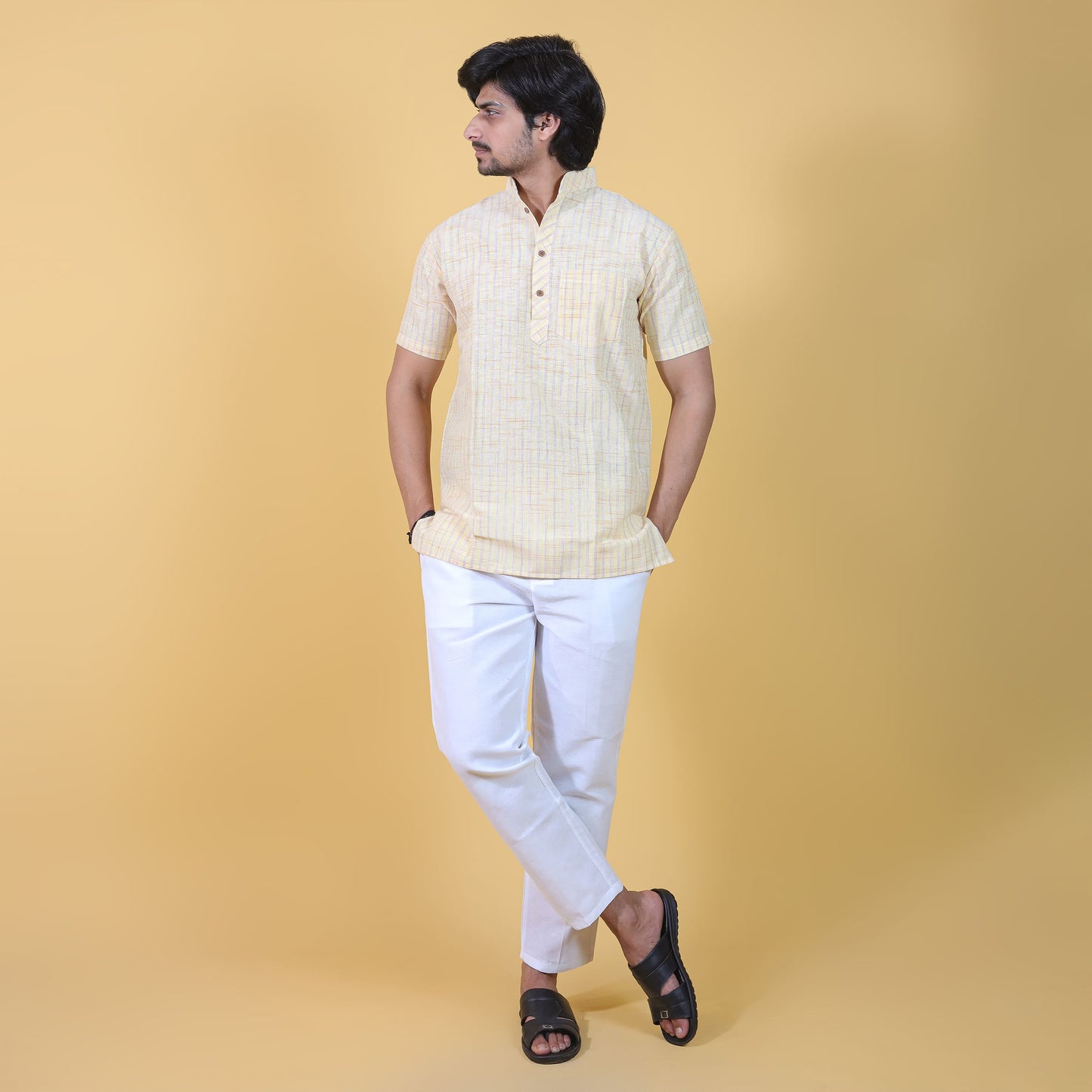 Golden Striped Yellow Half Sleeves Short Kurta Front View for Men