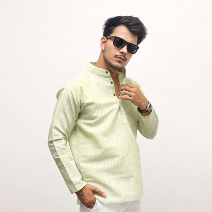 Green Golden Striped Full Sleeves Kurta for Men front view