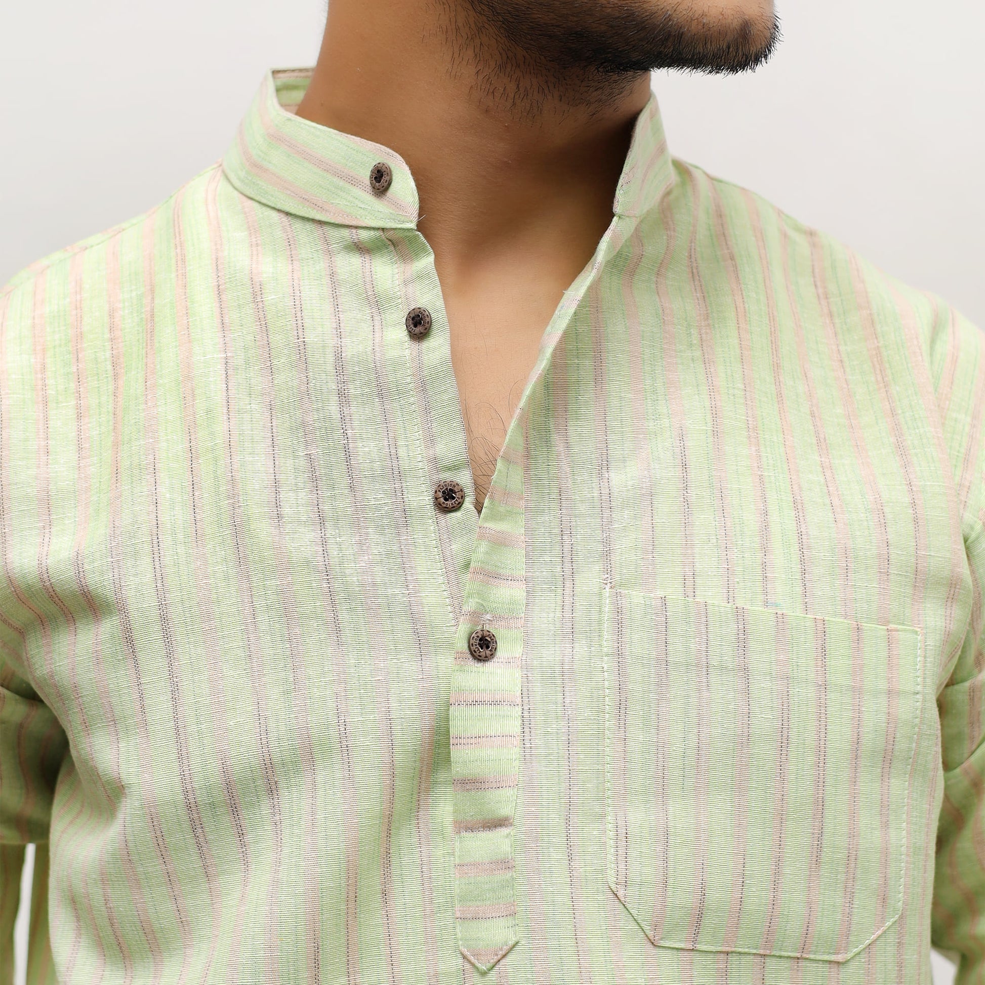 Green Golden Striped Khadi Kurta collar and stripe detail