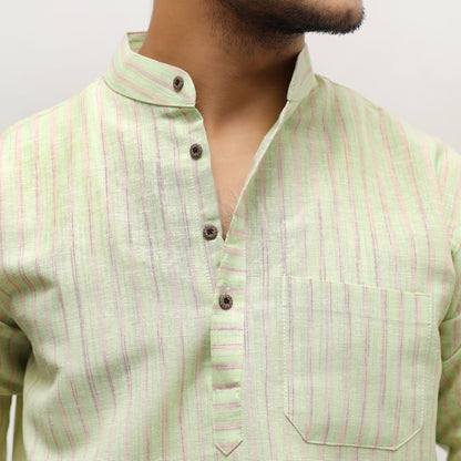 Green Golden Striped Khadi Kurta collar and stripe detail