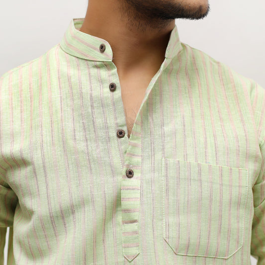 Green Golden Striped Khadi Kurta collar and stripe detail