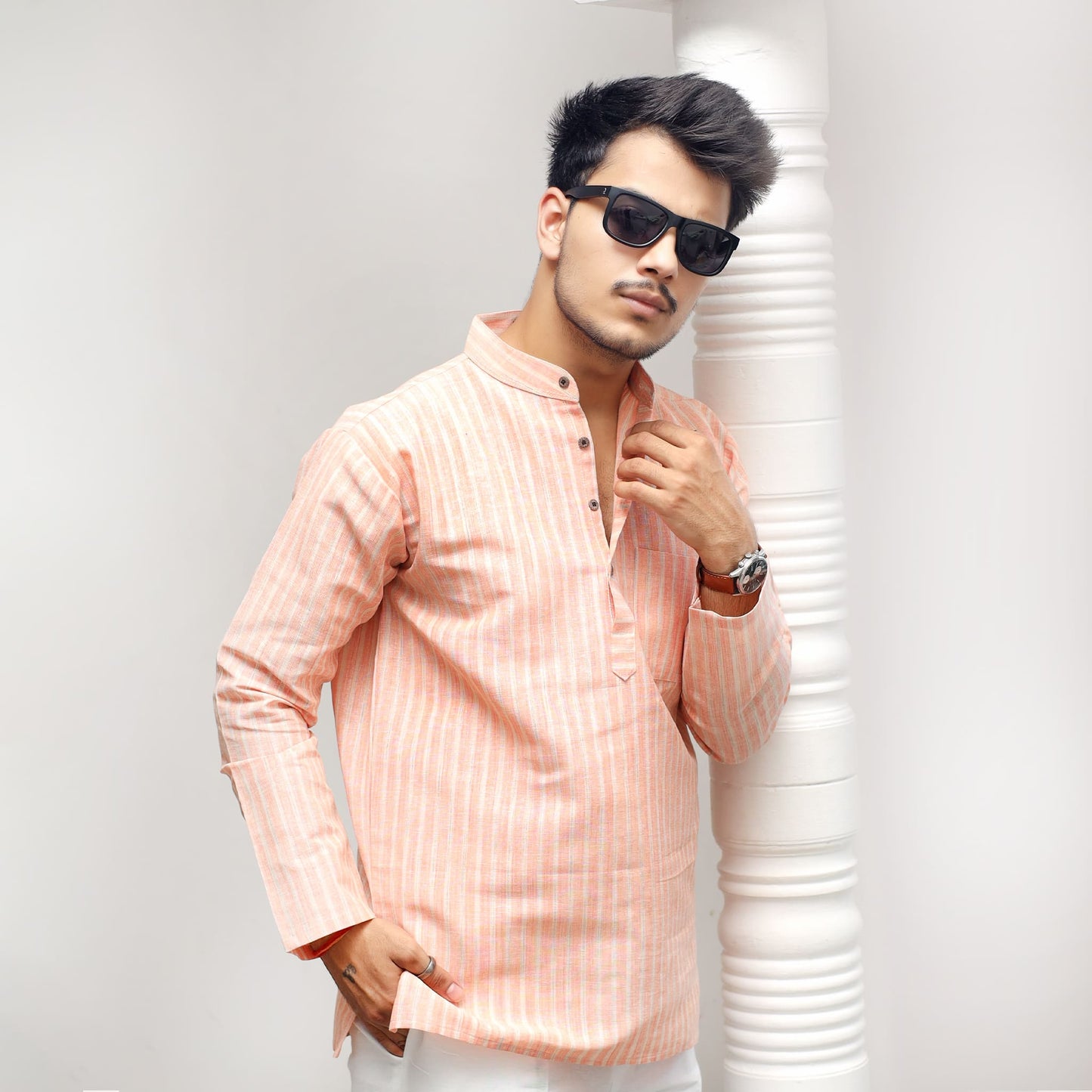 Orange Golden Striped Handwoven Khadi Kurta for men