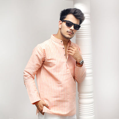 Orange Golden Striped Handwoven Khadi Kurta for men