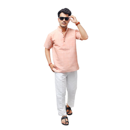 Orange Golden Striped Kurta with White Pant Combo Set