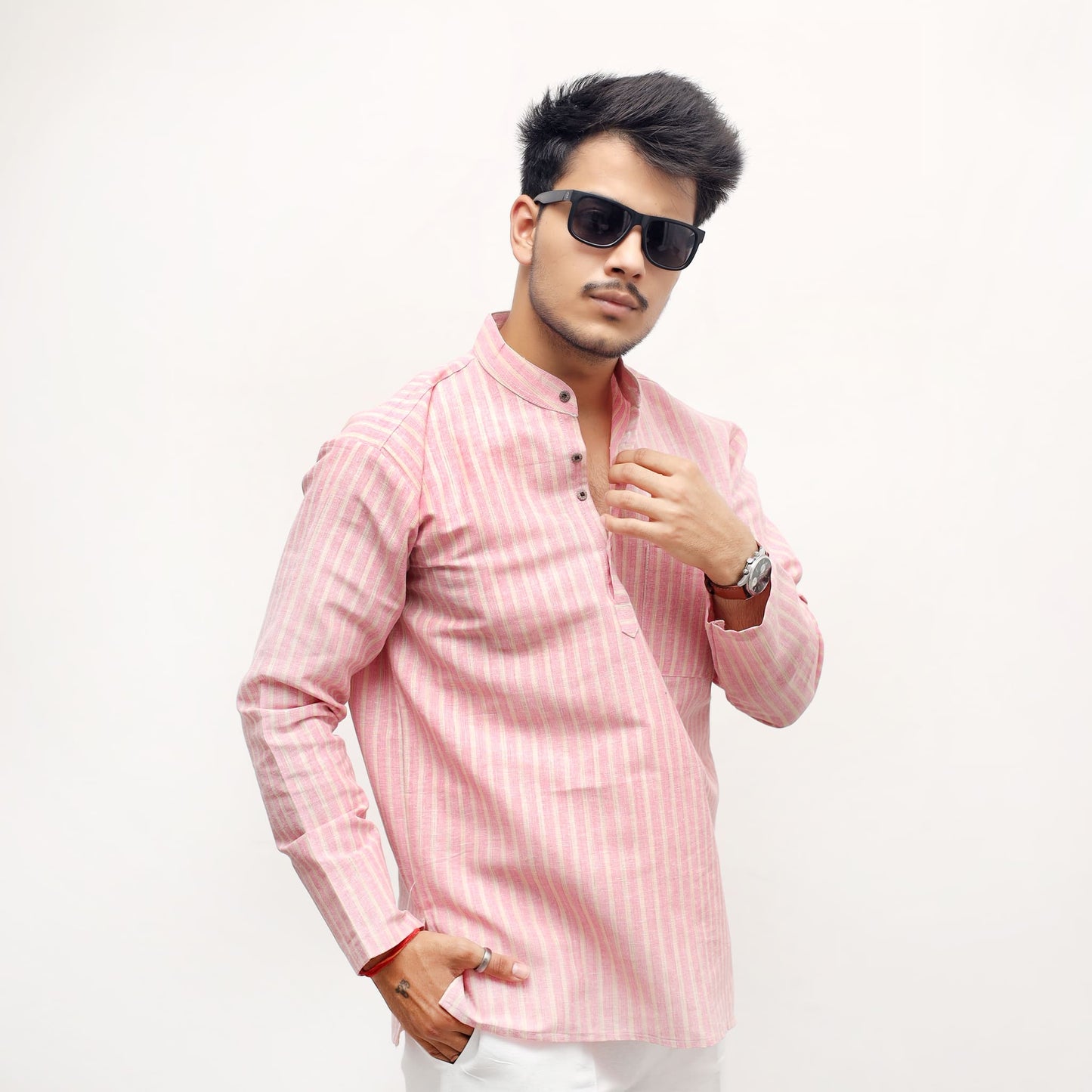 Pink Golden Striped Full Sleeves Short Kurta Combo Set front view