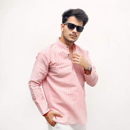 Pink Golden Striped Full Sleeves Short Kurta Combo Set front view