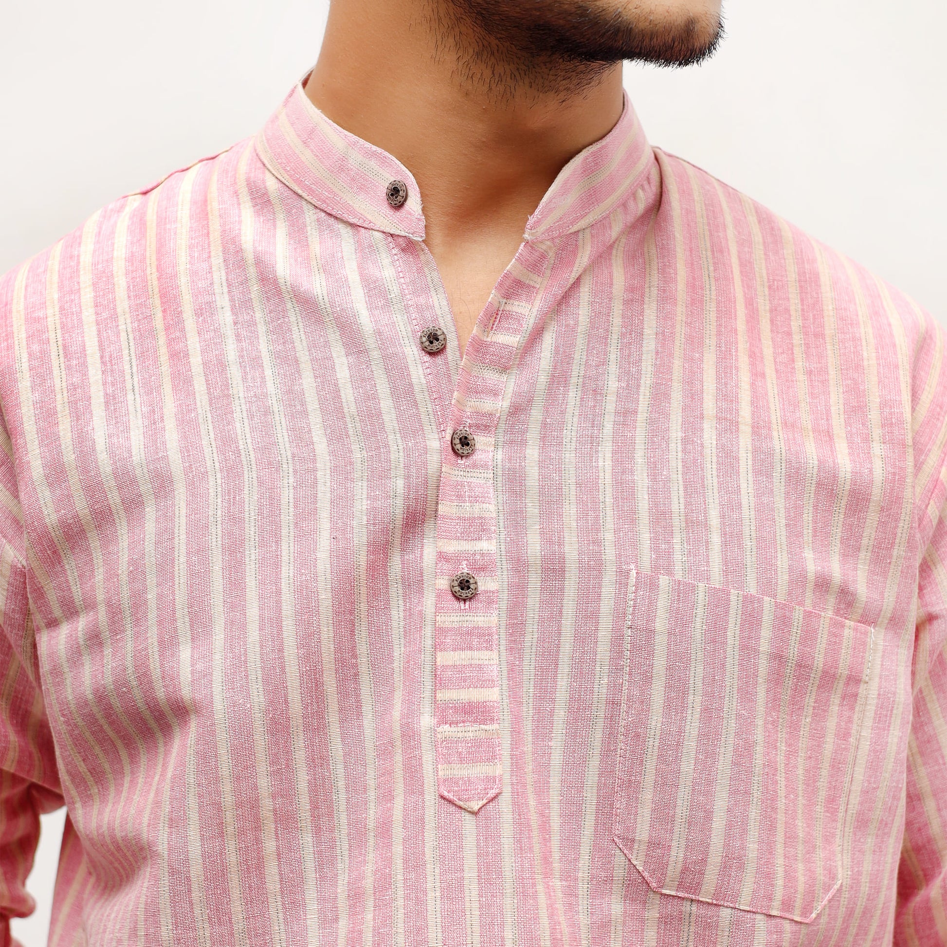 Pink Golden Striped Kurta collar and placket detail