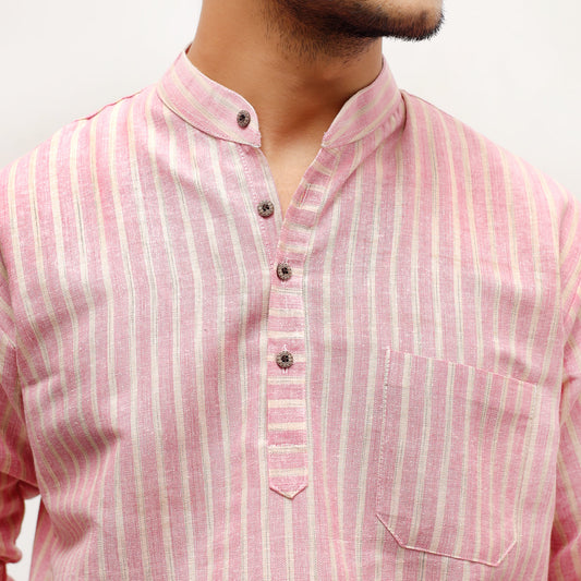 Pink Golden Striped Kurta collar and placket detail