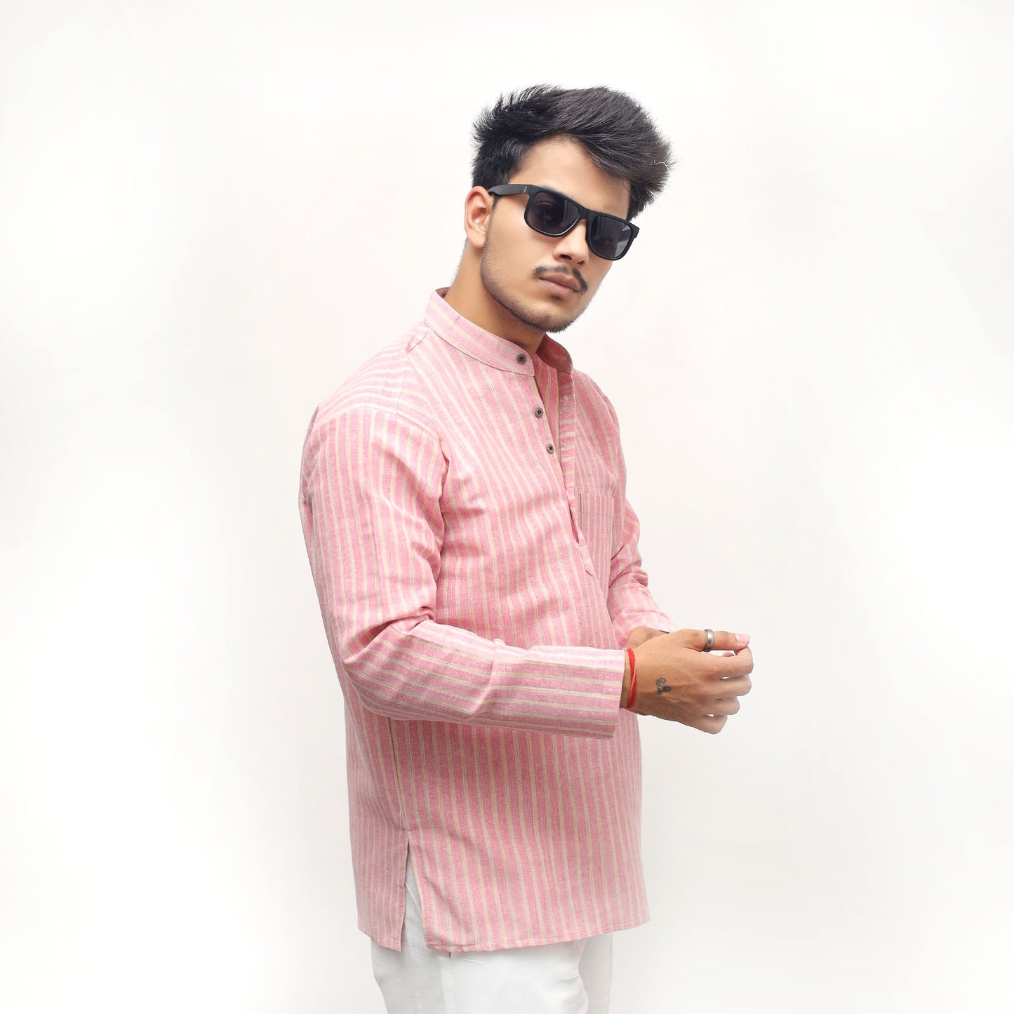 Side profile of Pink Golden Striped Short Kurta