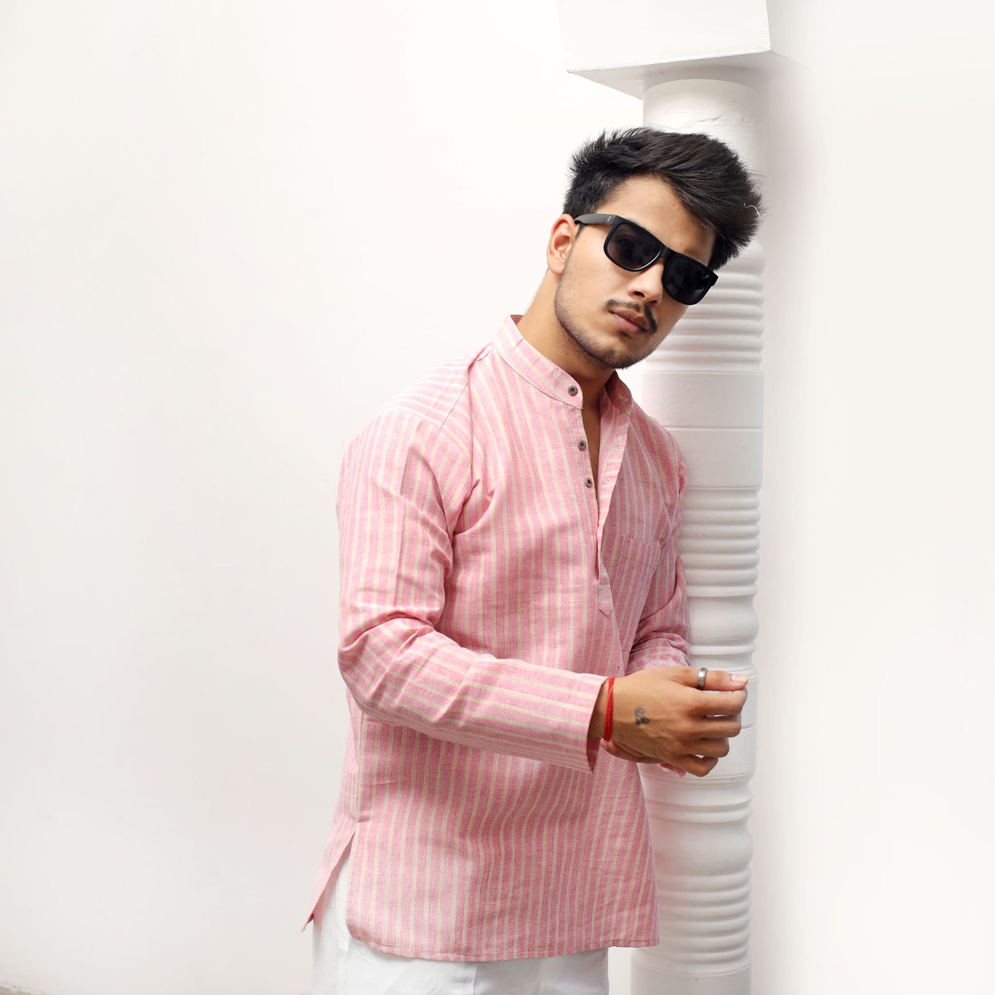 Pink Golden Striped Khadi Kurta lifestyle view