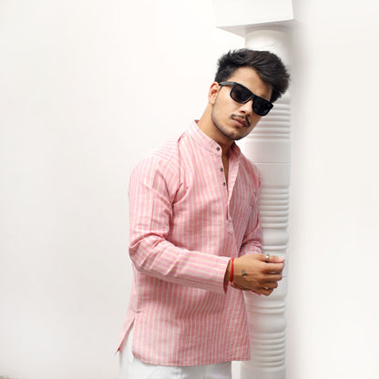 Pink Golden Striped Khadi Kurta lifestyle view