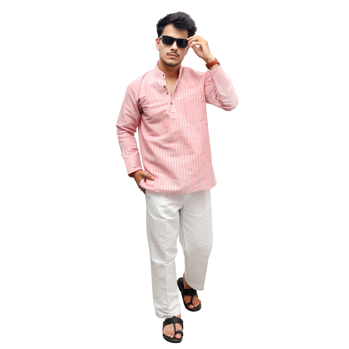 Pink Golden Striped Full Sleeves Short Kurta Pant Combo Set for men