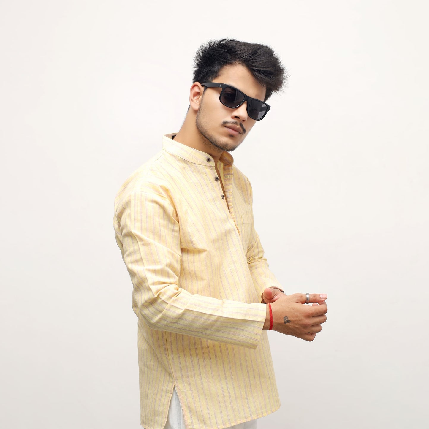 Side view of Yellow Golden Striped Full Sleeves Short Kurta