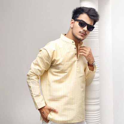 Men's Yellow Golden Striped Kurta Pant Combo Set lifestyle shot